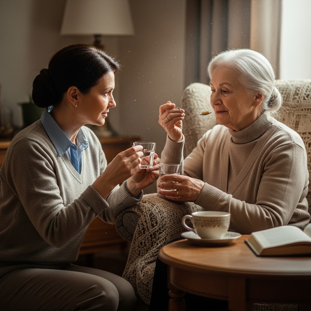很孝心的樣子侍候婆婆吃藥丸